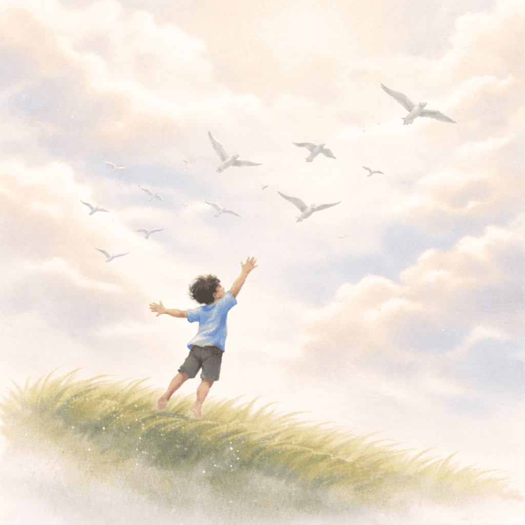 A boy reaching up to the sky where birds fly free