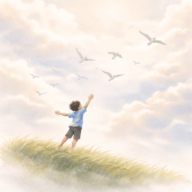 A boy reaching up to the sky where birds fly free